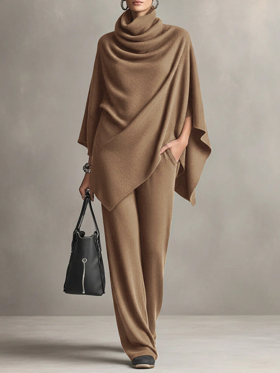 Women’s Cloak-Style Cape Top and Wide-Leg Pants Set | Elegant 2-Piece Formal Suite | Sophisticated Cape Sleeve Evening Outfit | Modern High-Sense Party Co-ord Set | 2026 Luxury Occasion Wear