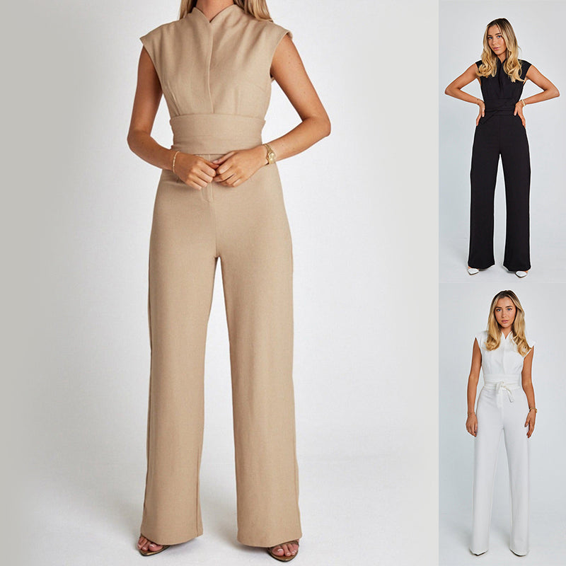 Women’s Elegant Long Sleeveless Jumpsuit | High-Sense Summer V-Neck Wide-Leg Overalls | Trendy Minimalist Sleeek Formal Romper | Luxury-Label Statuesque Evening Wear | 2026 High-Fashion Radiant Urban Essential