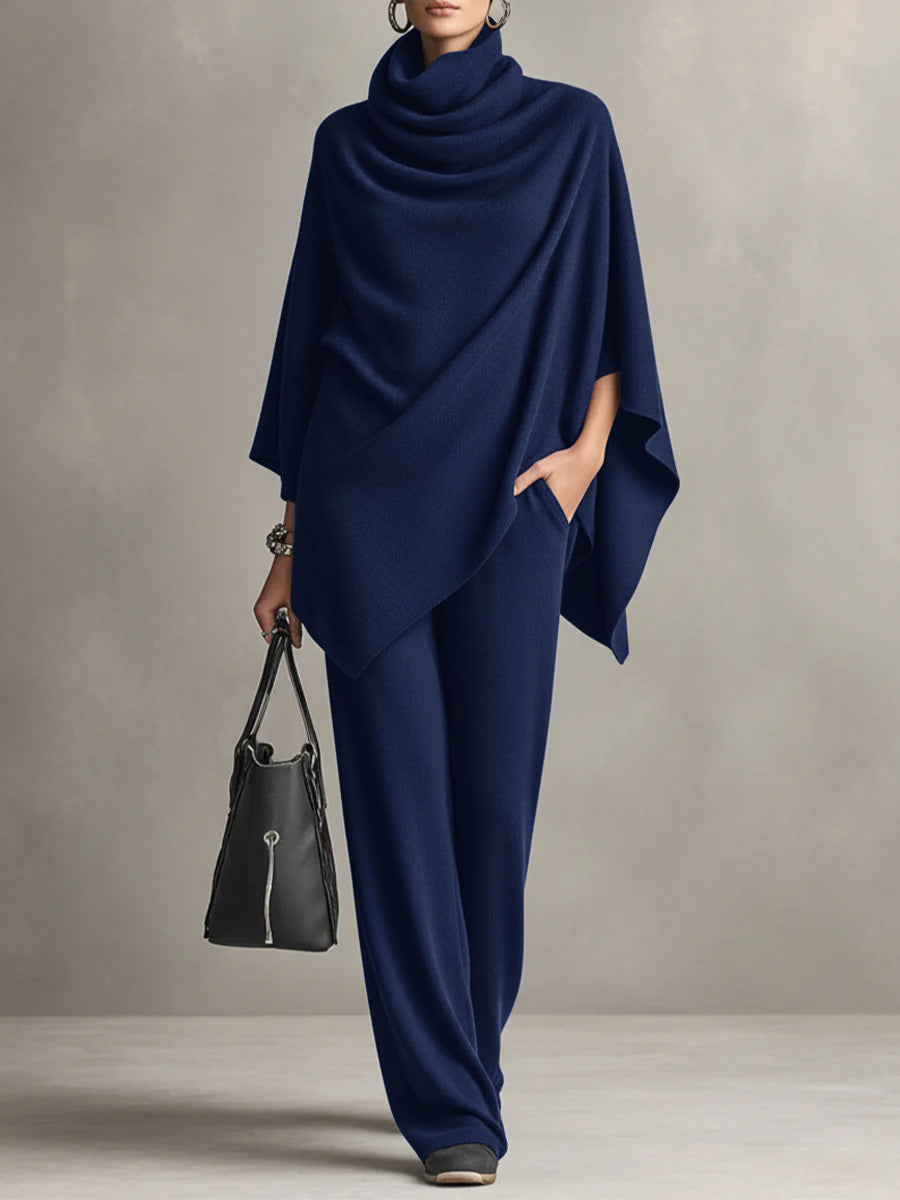 Women’s Cloak-Style Cape Top and Wide-Leg Pants Set | Elegant 2-Piece Formal Suite | Sophisticated Cape Sleeve Evening Outfit | Modern High-Sense Party Co-ord Set | 2026 Luxury Occasion Wear